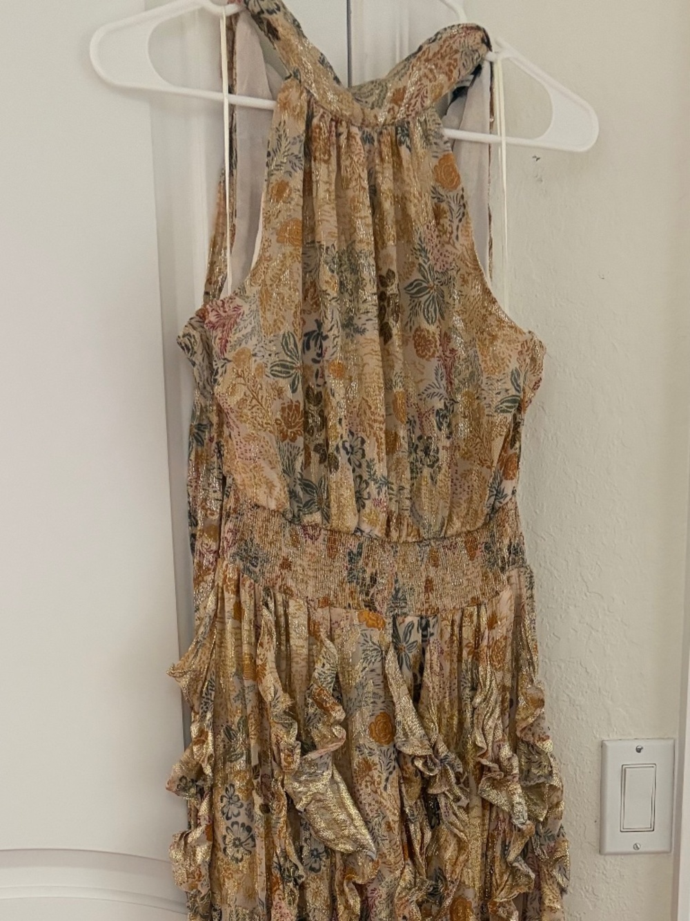 1. State women’s floral smocked cascade ruffle halter maxi dress